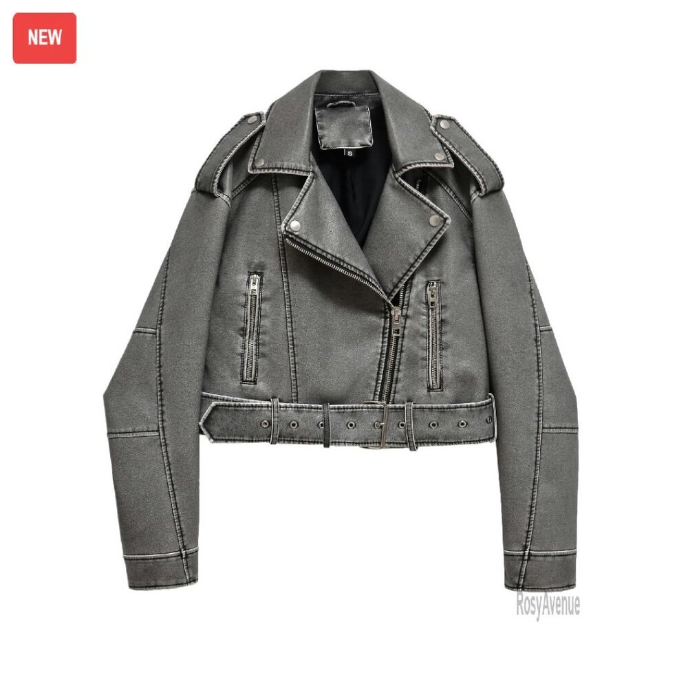 Faux Leather Cropped Biker Jacket With Removable Belt Zipper Pockets